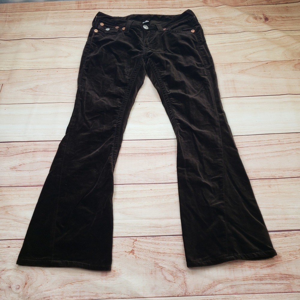 True Religion Joey Womens 30 Dark Brown Corduroy Velour Flare Pants Twisted Seam